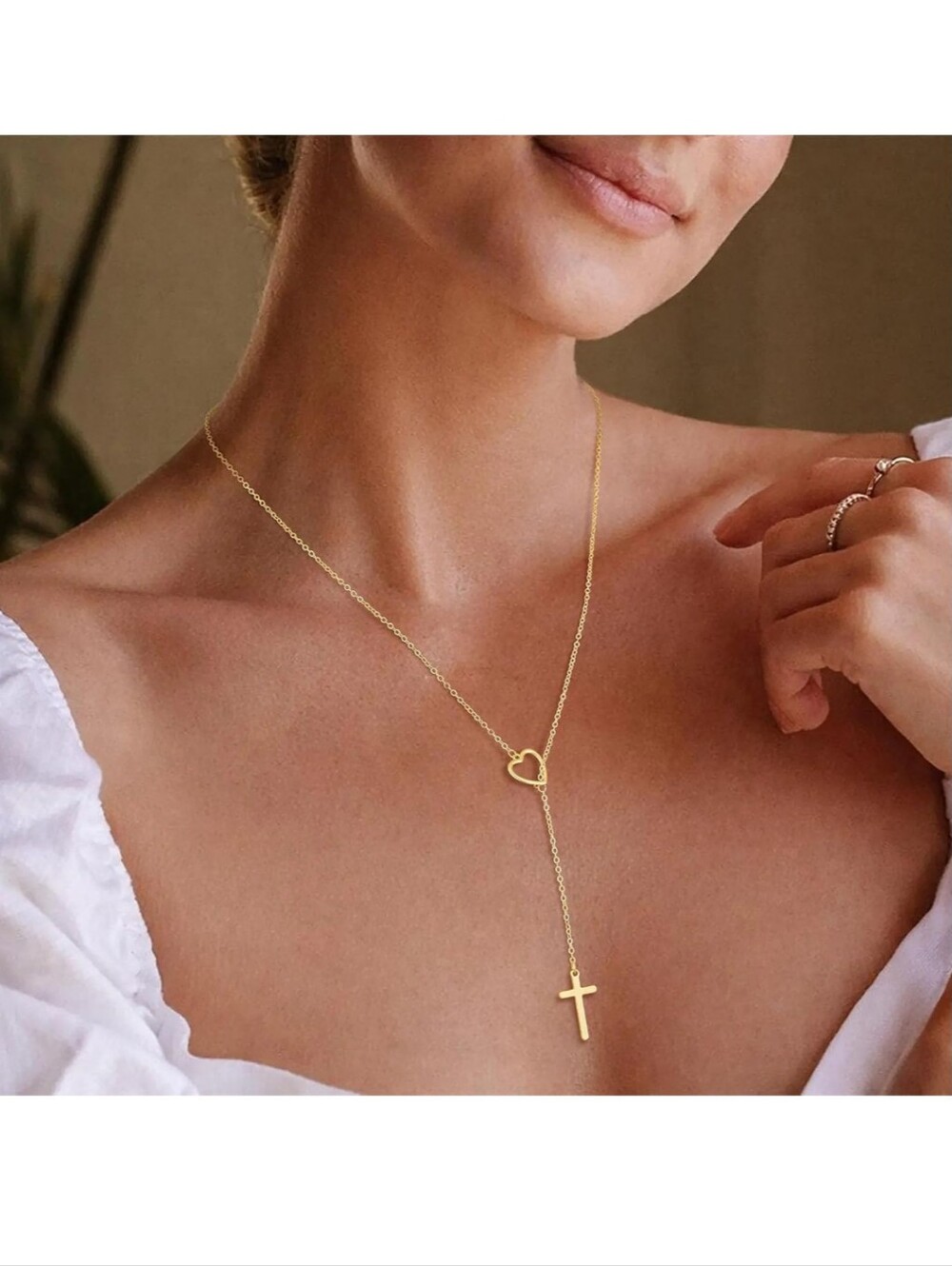 Classy Minimalist Gold Heart Lariat Necklace with Cross Drop